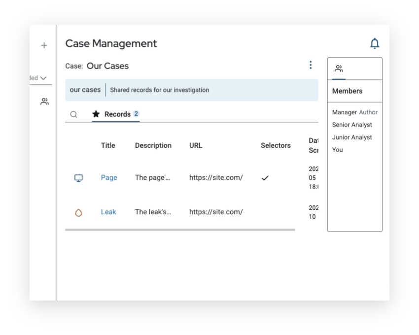 A screenshot of a case management page.