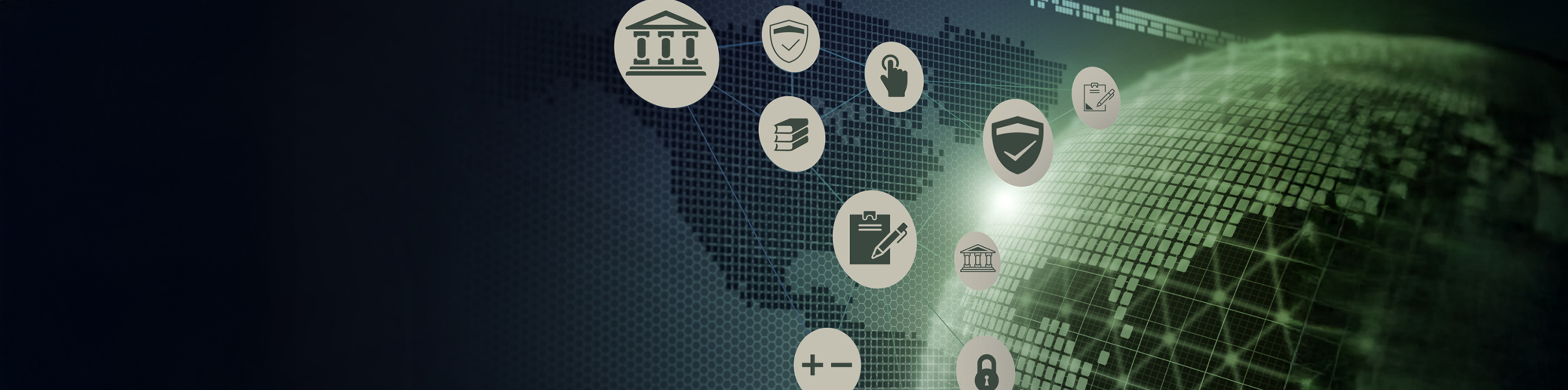 A green globe featuring various icons representing different global themes and concepts.