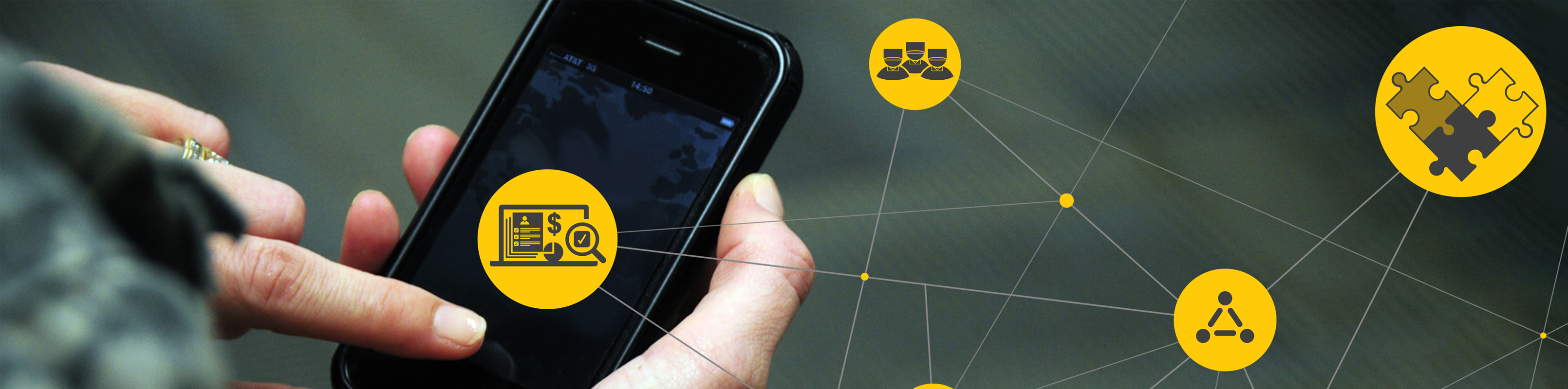 A person holding a smartphone displaying yellow icons on the screen, suggesting various app functionalities.