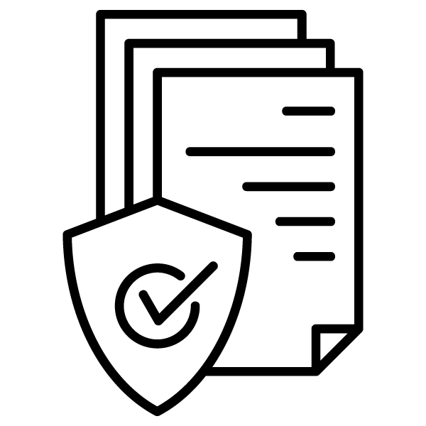 an icon of a shield over 3 sheets of paper