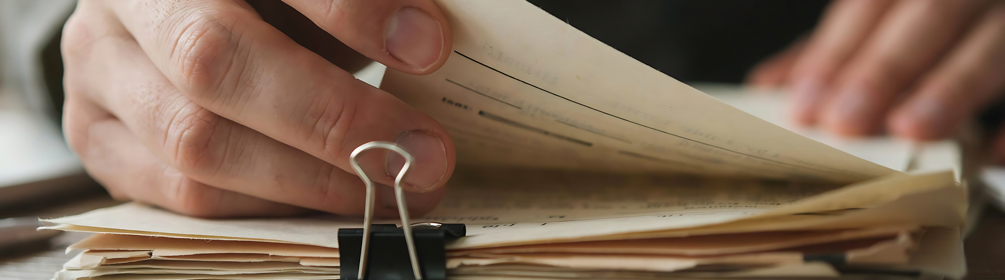 Close-up of hands carefully turning a worn page in a thick stack of papers held by a binder clip, conveying focused reading or research.