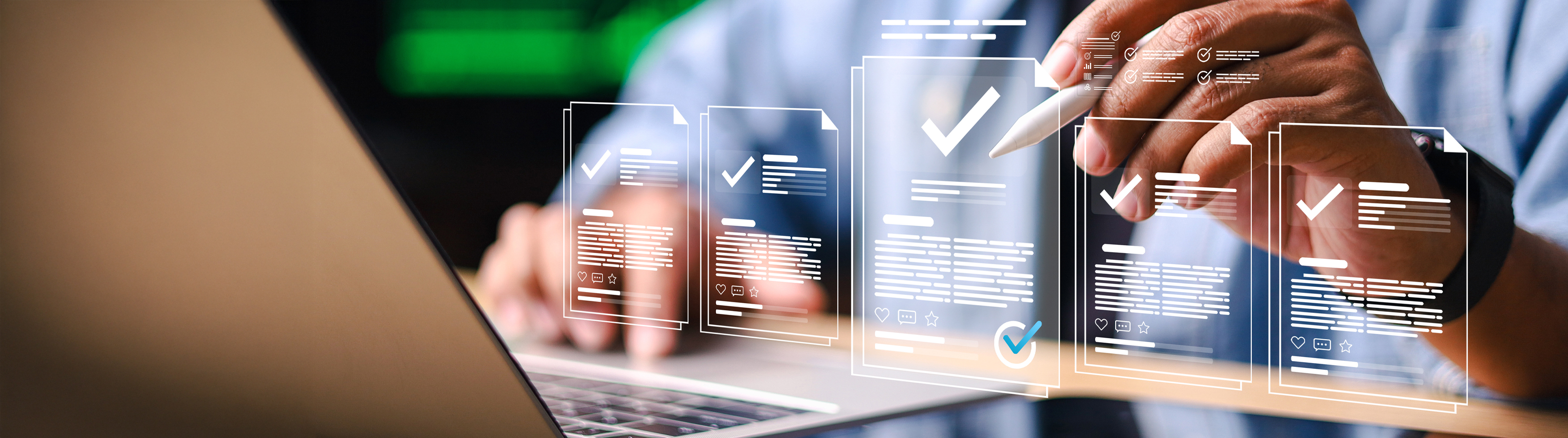 A professional uses a laptop as glowing digital checklists and checkmarks appear onscreen, conveying an efficient, confident online review.