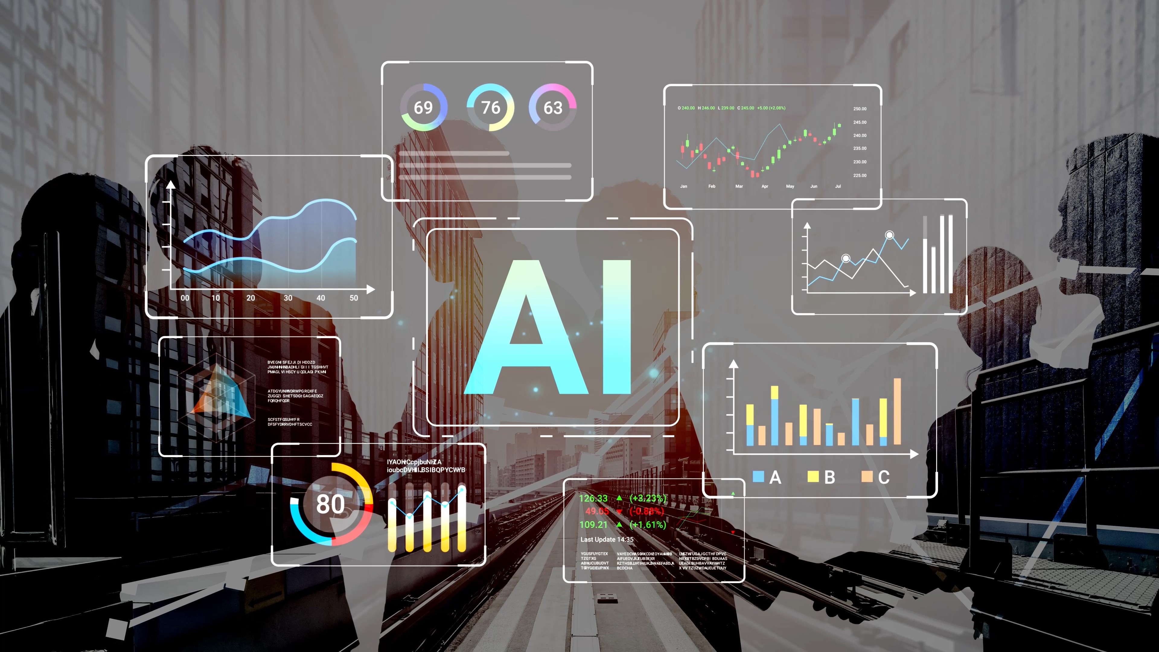 An urban rail corridor framed by skyscrapers, overlaid with glowing AI dashboards, charts, scores, and data graphs, conveying smart-city innovation.