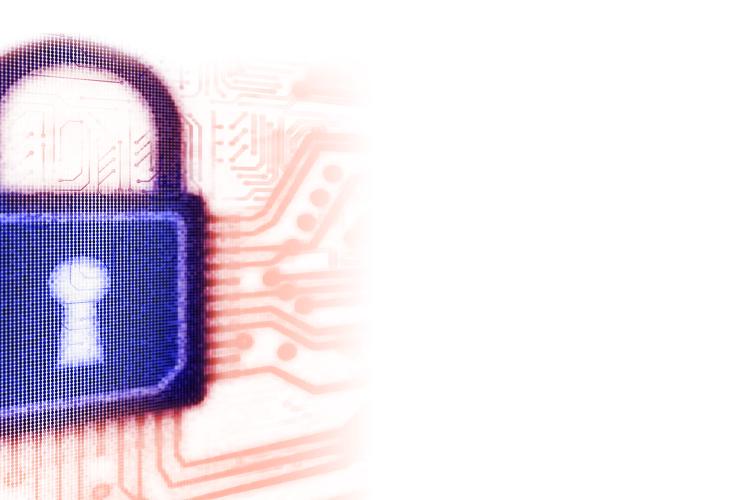 A closed, blue padlock with a metallic sheen rests on a white background, surrounded by a red circuit board pattern.