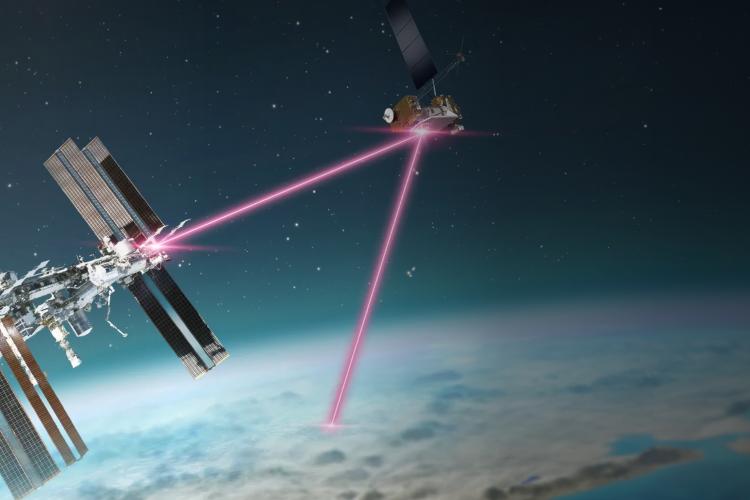 A satellite equipped with a laser, positioned in the vastness of space, showcasing advanced technology and exploration.