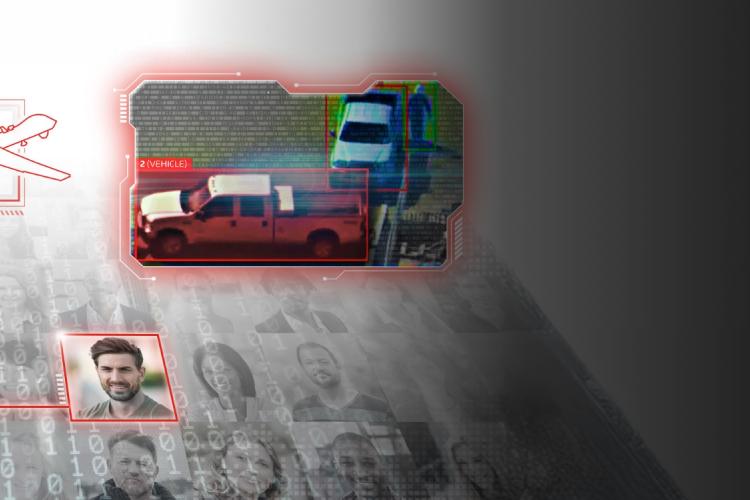 A red car alongside red silhouettes of people, creating a vibrant and dynamic visual composition.