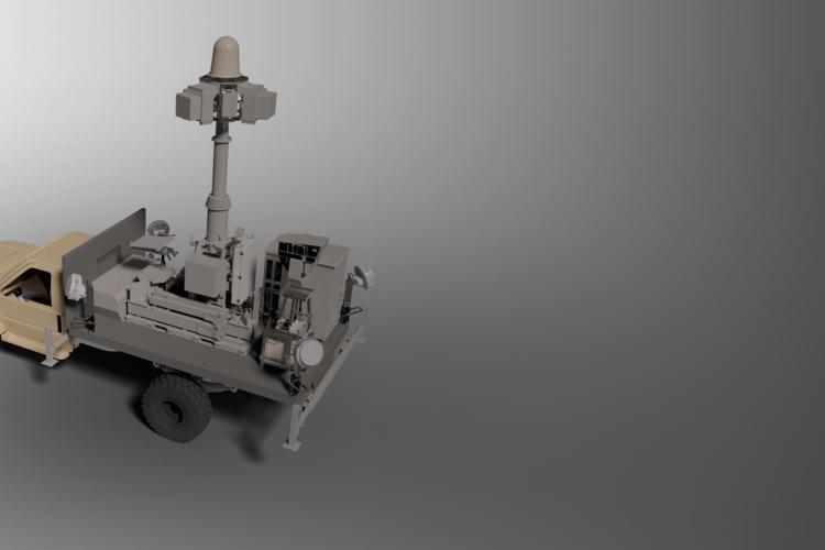 3D model of a military vehicle featuring a missile mounted on its roof, showcasing detailed design and structure.