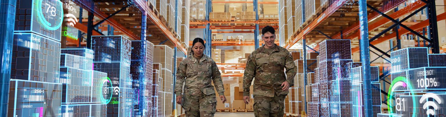 Airman walking through a warehouse