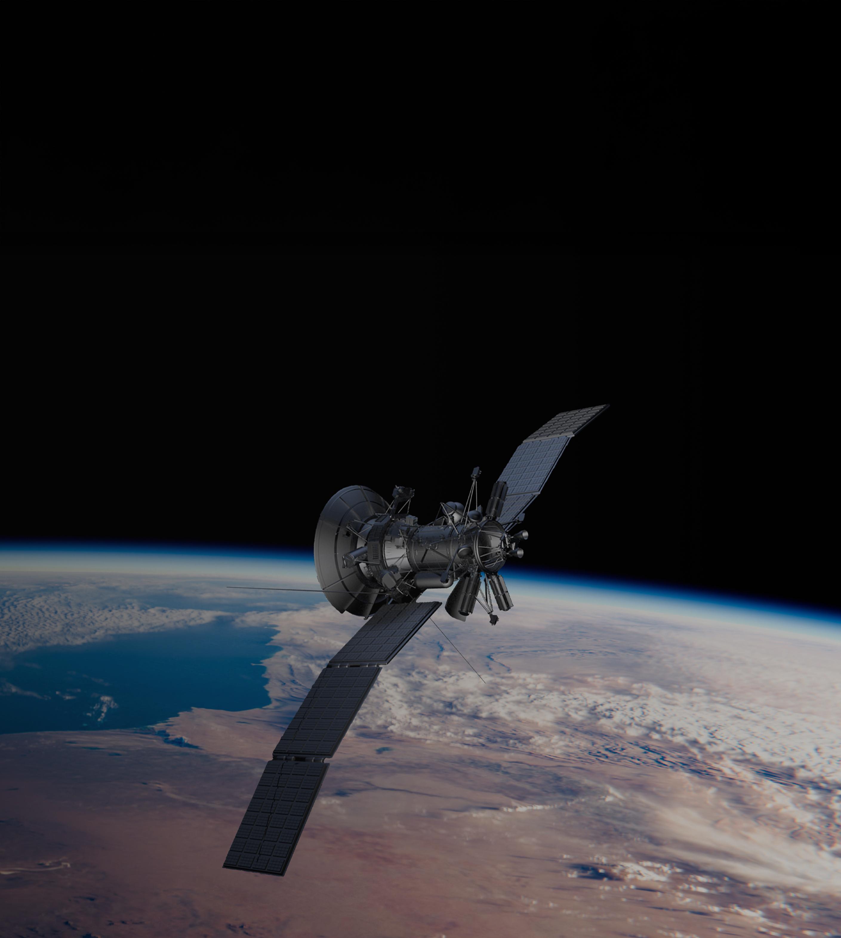Satellite with extended solar panels orbits above Earth’s curved horizon, revealing blue atmosphere, clouds, and vast desert landscapes in space.