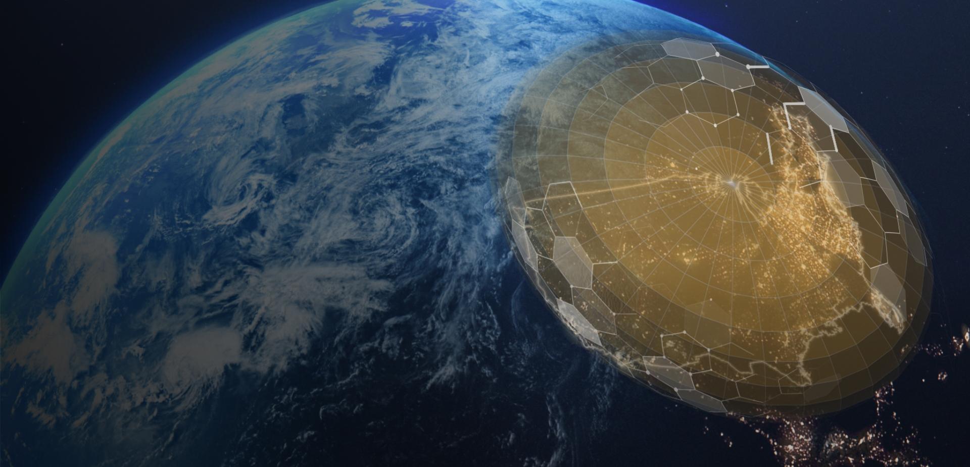 Artists' rendition of the Earth with a golden dome over the United States.