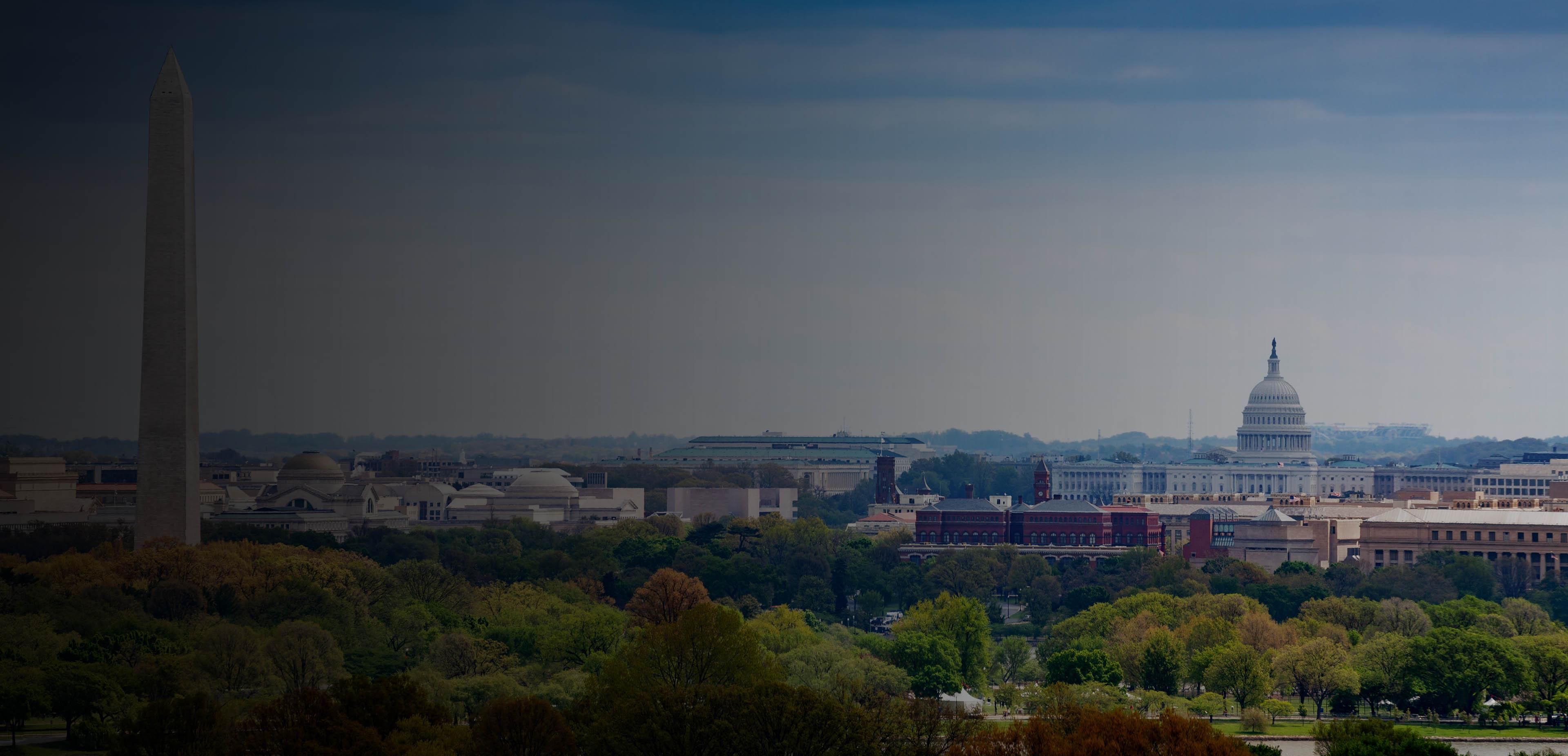 The Washington Monument stands tall in the distance against a clear blue sky.