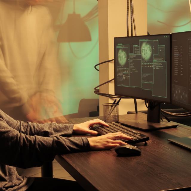 A person working at a desk against a dark background.