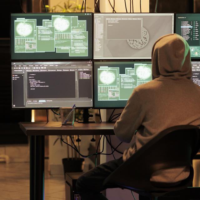 A hooded person working in front of 4 computer screens.