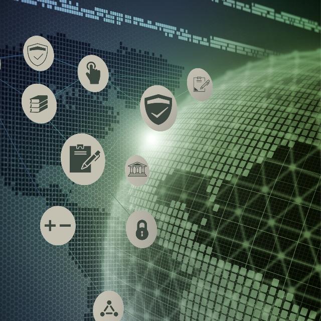 A globe surrounded by various icons and data points, symbolizing global connectivity and information exchange.