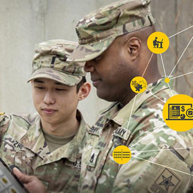 Two soldiers looking at a tablet.