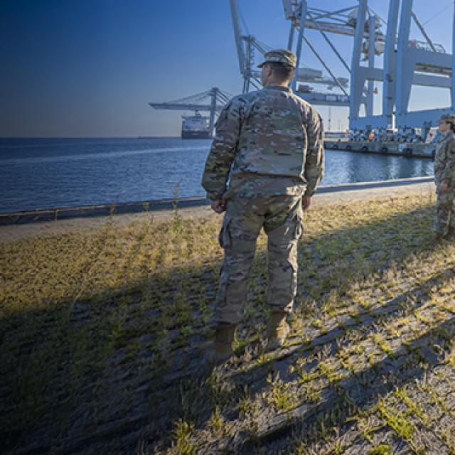 Four soldiers in camouflage uniforms stand on a grassy slope overlooking a shipping port.