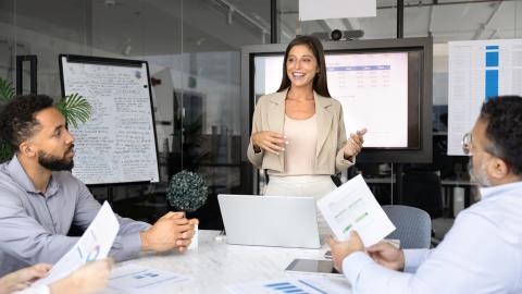 A woman presents to her colleagues in a conference room, engaging them with her ideas and visuals.