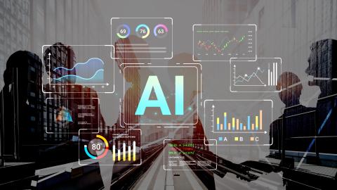 An urban rail corridor framed by skyscrapers, overlaid with glowing AI dashboards, charts, scores, and data graphs, conveying smart-city innovation.