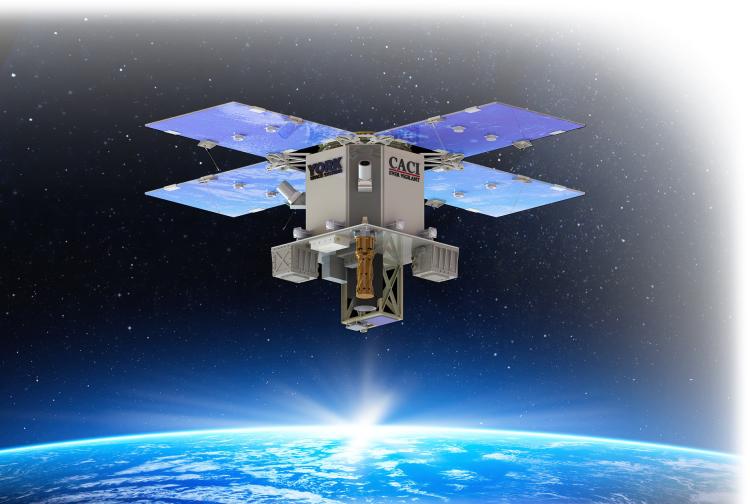 Illustration of a demonstration satellite on orbit equipped with CACI's multi-mission PNT and TacISR payloads.