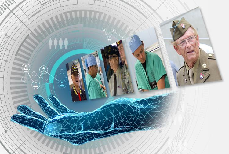 High tech hand holds the profile picture of veterans and medical personel