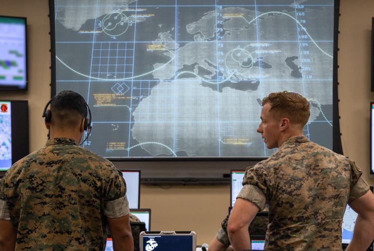 Two military personnel standing in front of a computer screen, engaged in discussion or analysis of information displayed.